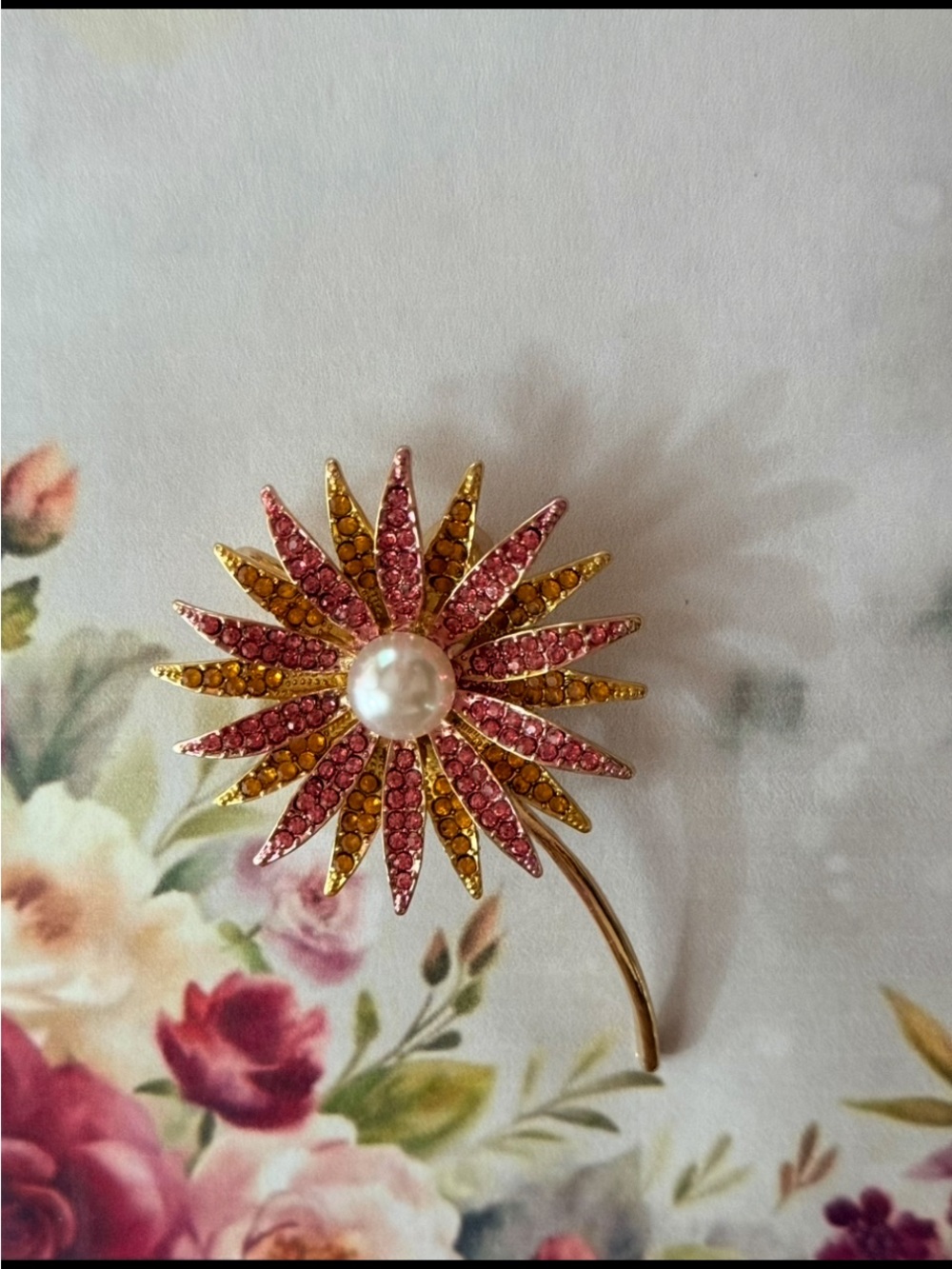 Gold Daisy Burst Brooch with Pink and Yellow Crystals